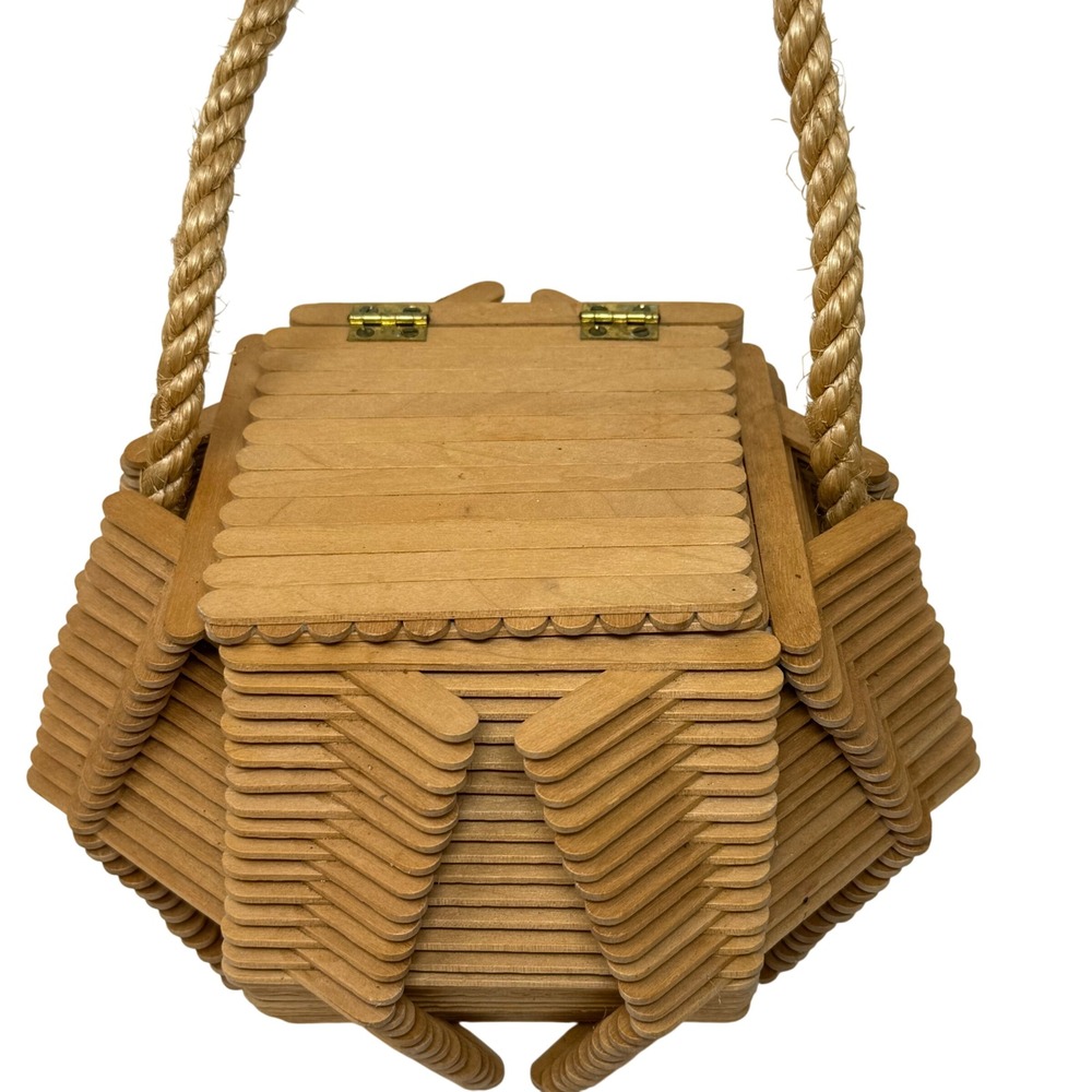 Popsicle Stick‎ Tramp Art Box Bag Novelty Wood Purse Handmade Basket Storage - Picture 2 of 9